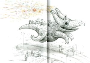 Shaun Tan: „reading“ (aus „Der Vogelkönig und andere Skizzen“)